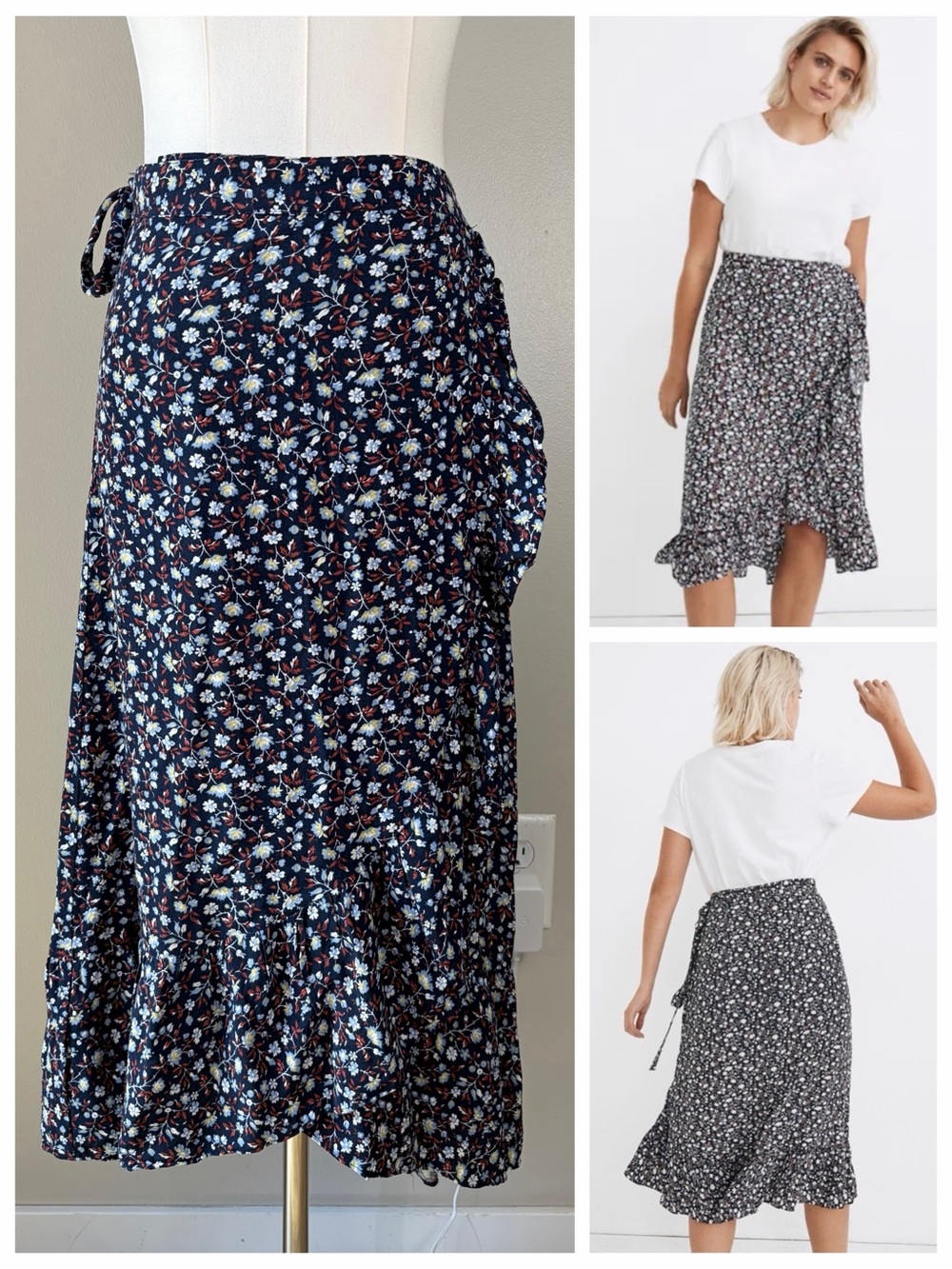 Madewell Navy Floral Ruffle Trim Wrap Skirt